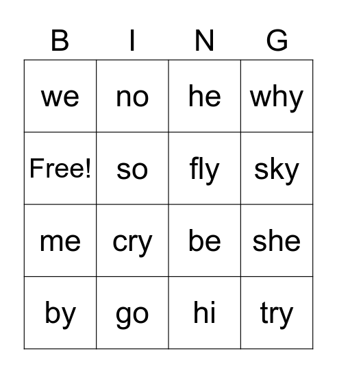 Open Syllables Bingo Card