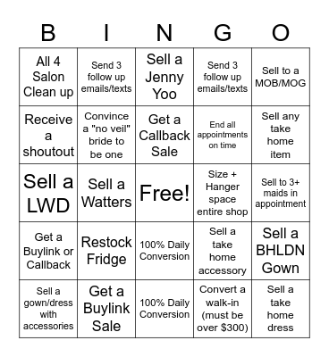 Bridal Bingo Card