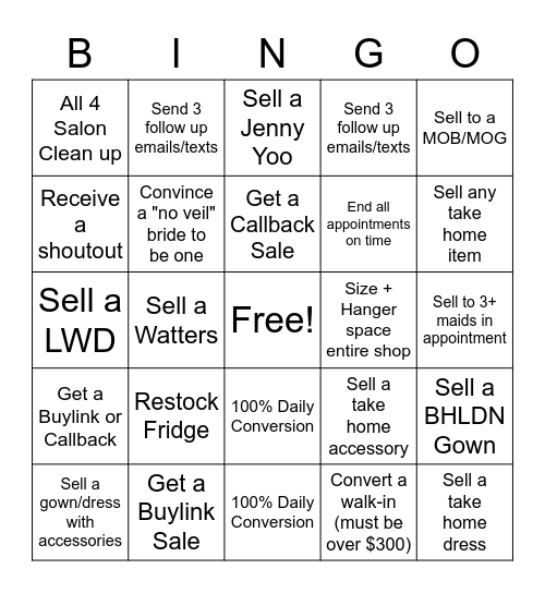 Bridal Bingo Card