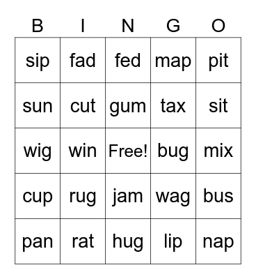 Short Vowel review BINGO Card