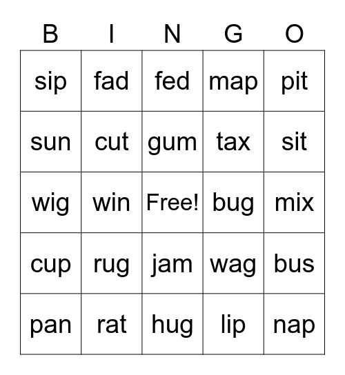 Short Vowel review BINGO Card