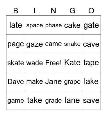 Long A - Magic e Bingo Card