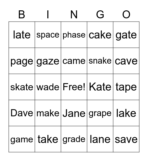 Long A - Magic e Bingo Card