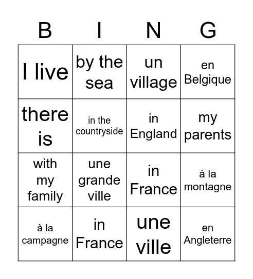 Où habites-tu? Bingo Card