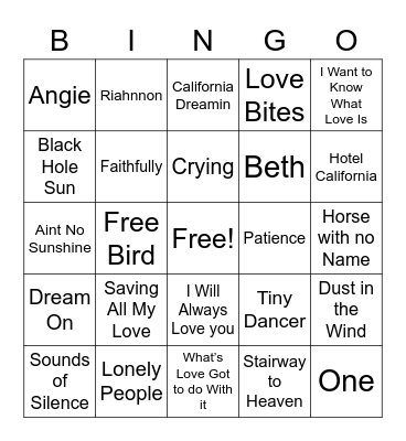Rock Ballads Bingo Card