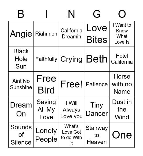 Rock Ballads Bingo Card