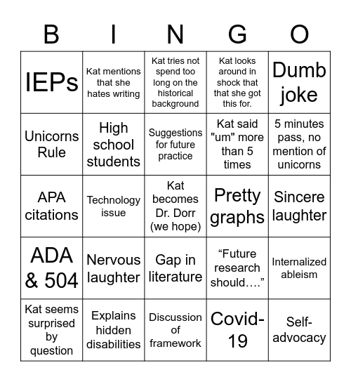 Kat's Dissertation Defense Bingo Card