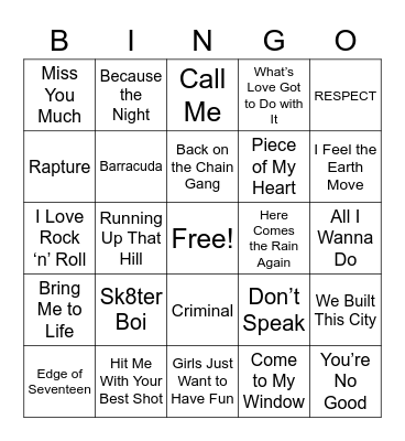 Women Rock Legends Bingo Card