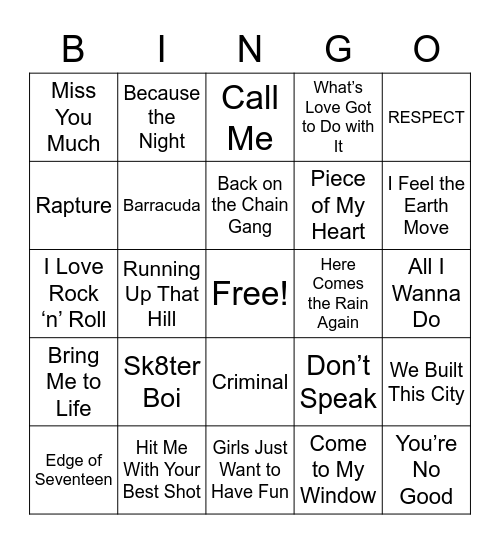 Women Rock Legends Bingo Card