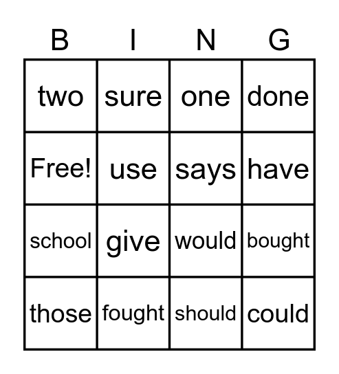 Heart Word Bingo Card