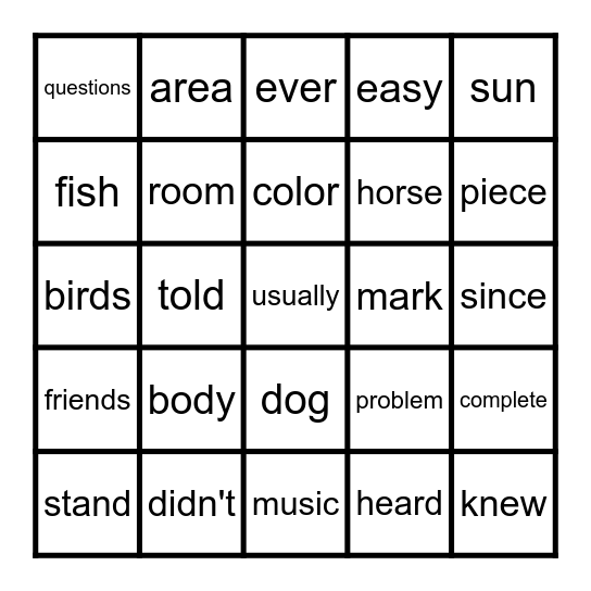 FRY WORD BINGO 301-325 Bingo Card