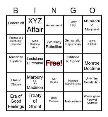 Early Presidents Review Bingo Card