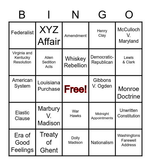 Early Presidents Review Bingo Card