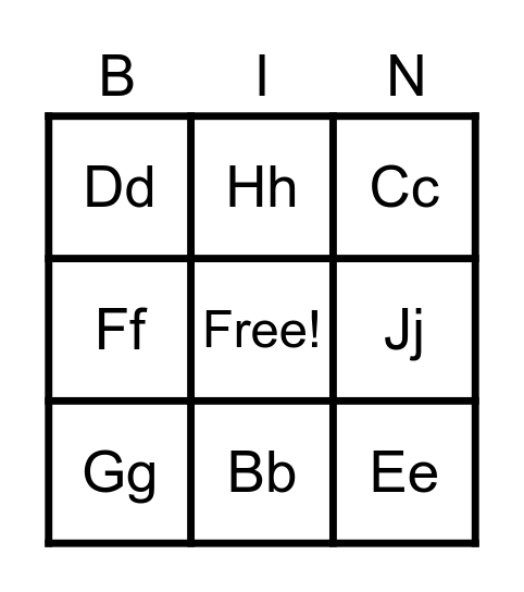 Alphabet A-J Bingo Card