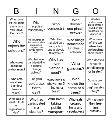 Environmental Sustainability Bingo Card