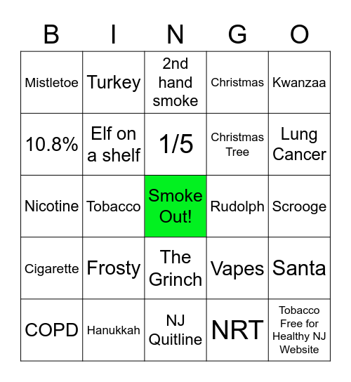 Great American Smoke Out Holiday Bingo Card