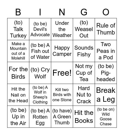 Discover America: American Idioms Bingo Card