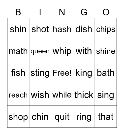 sh, ch, th, ng, qu, wh Bingo Card