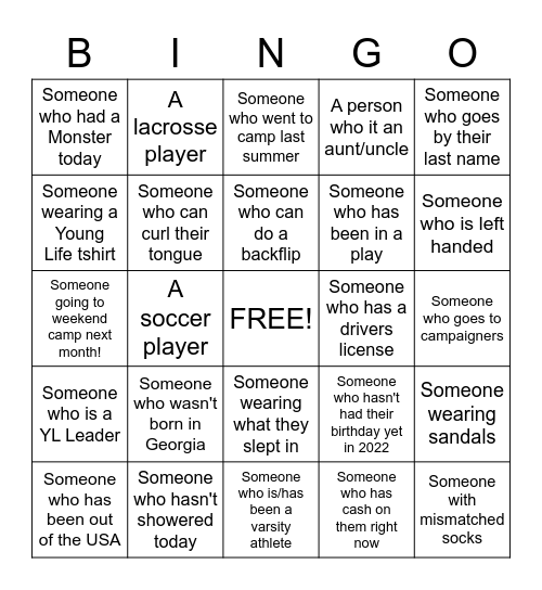 Young Life BINGO Card