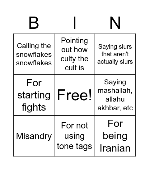 Everytime Ariane gets in trouble on the Joshua cult server Bingo Card