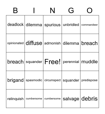 Vocabulary Bingo Card