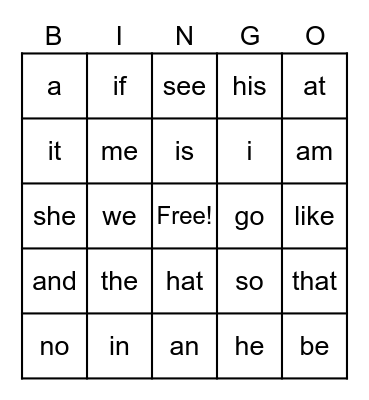 Sight Words Bingo Card