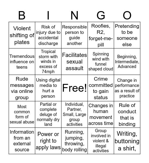 Personal Safety and Teaching Bingo Card