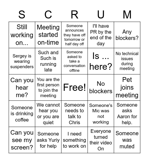 Daily Scrum Bingo Card