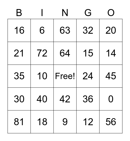 Multiplication Bingo Card