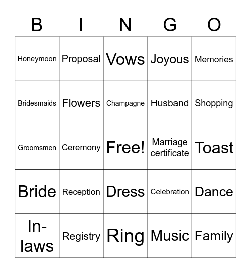 Bridal Shower Bingo Card