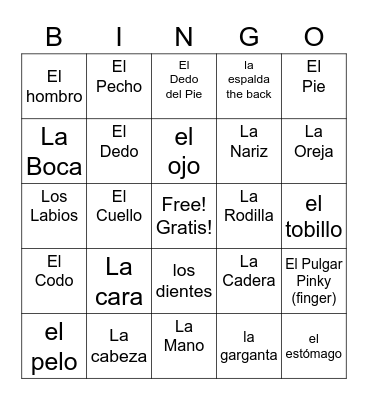 Body Parts Bingo En Español Bingo Card
