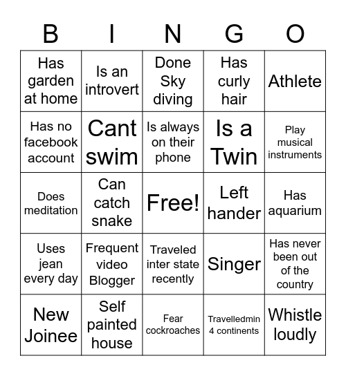 Team Building Bingo Card