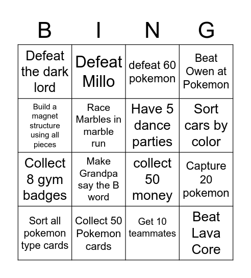 Evan Bingo Card