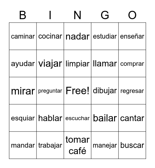 -AR verbs Bingo Card