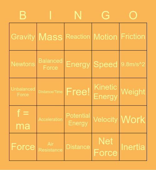 Force and Motion Bingo Card