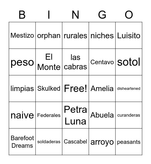 Barefoot Dreams of Petra Luna Vocabulary Bingo Card