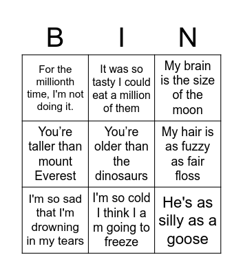 Hyperbole Bingo Card