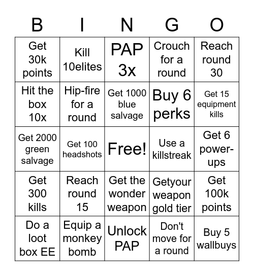 Zombies Bingo Card