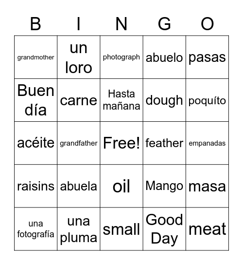 Mango, Abuela and Me Bingo Card