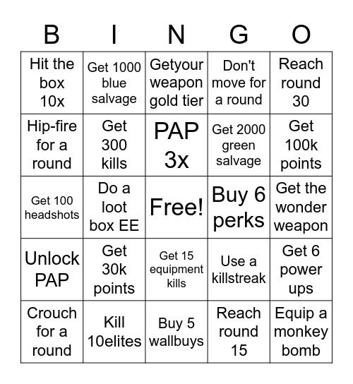 Zombies Bingo Card