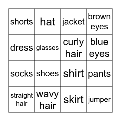 Clothes, hair and eyes Bingo Card