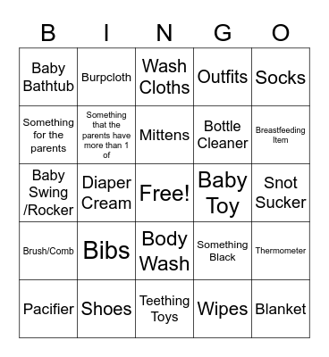 Baby Gifts Bingo Card