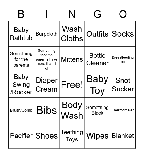 Baby Gifts Bingo Card