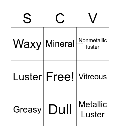 Mineral Vocabulary Bingo Card