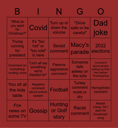 Family Thanksgiving Bingo Card