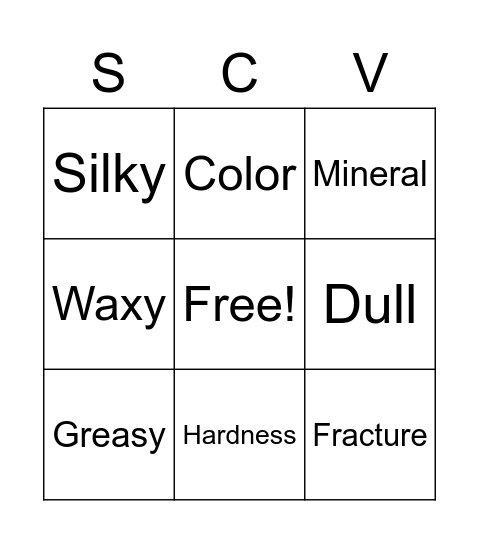 Mineral Vocabulary Bingo Card