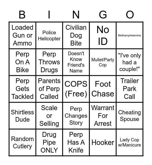 COPS! Bingo Card