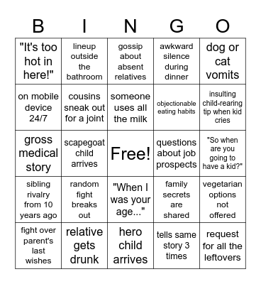 Dysfunctional Thanksgiving Dinner Bingo Card