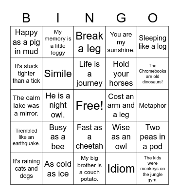 Figurative Language Bingo Card