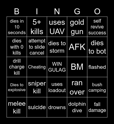 warzone bingo Card